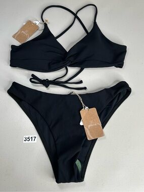 Berlook Bikini Set Large Black Ribbed Backless Top New